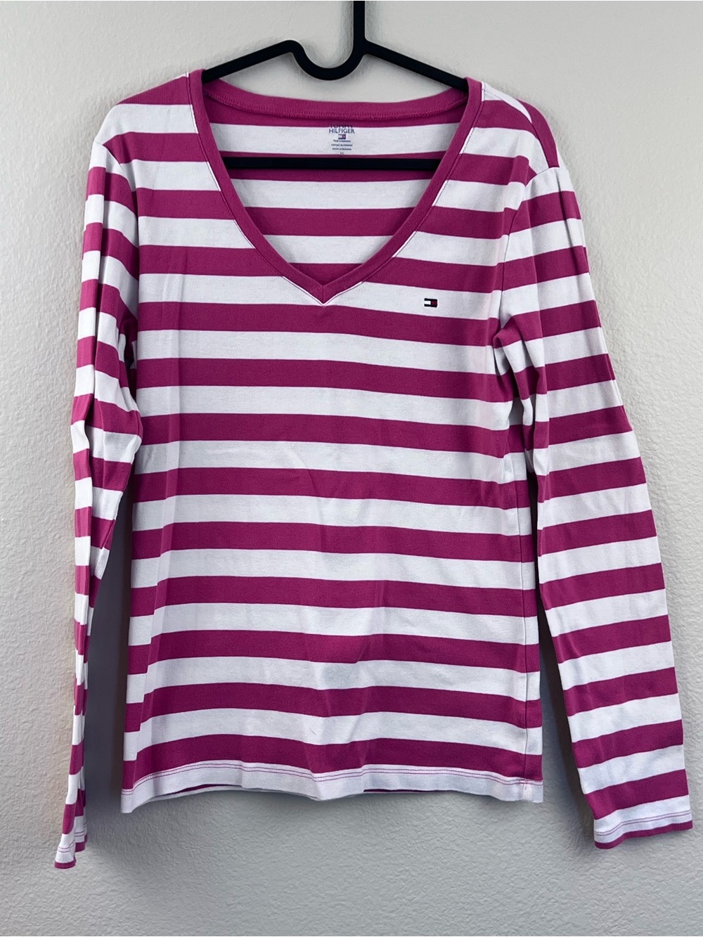 Tommy Hilfiger Pink & White Striped V-Neck Long Sleeve Top
